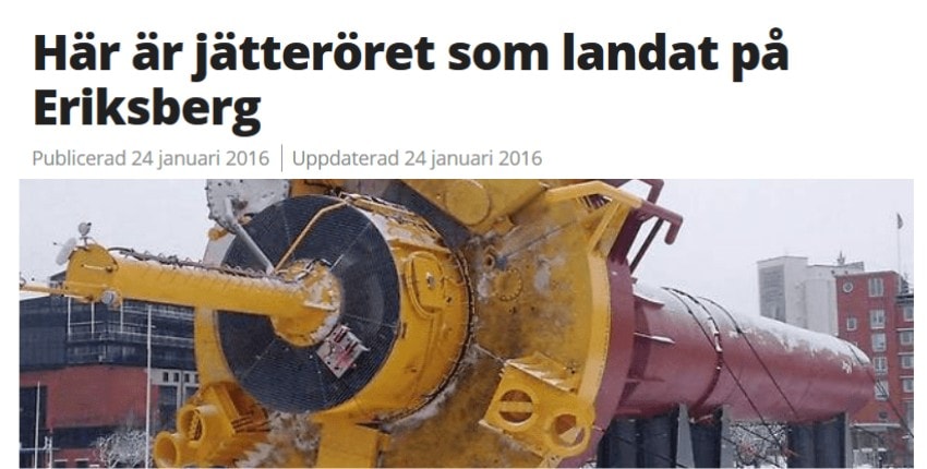 A website is shown covering a report on a giant pipe in town. The language is Swedish.